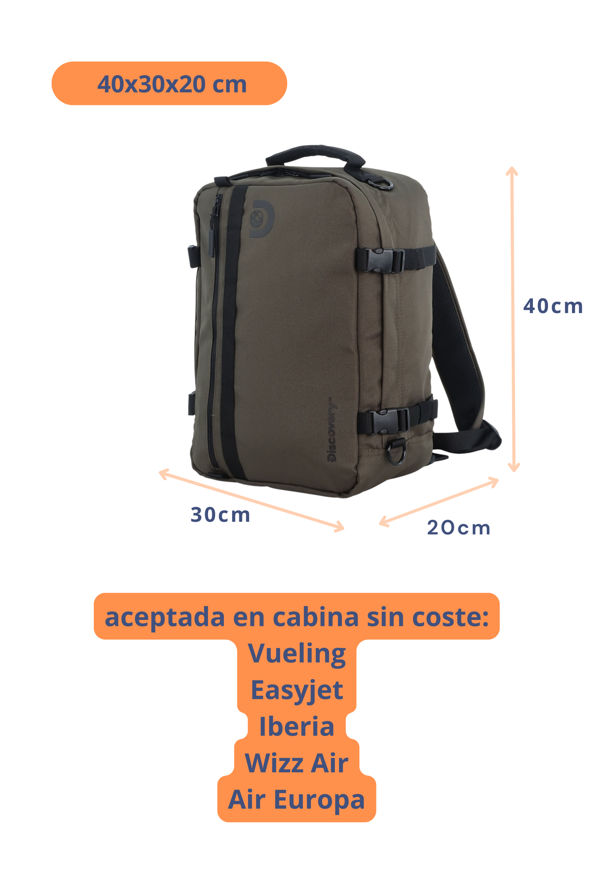 Andes Mochila de Cabina  - Portátil 15''| 40x30x20 cm| 0,63 Kg |24L